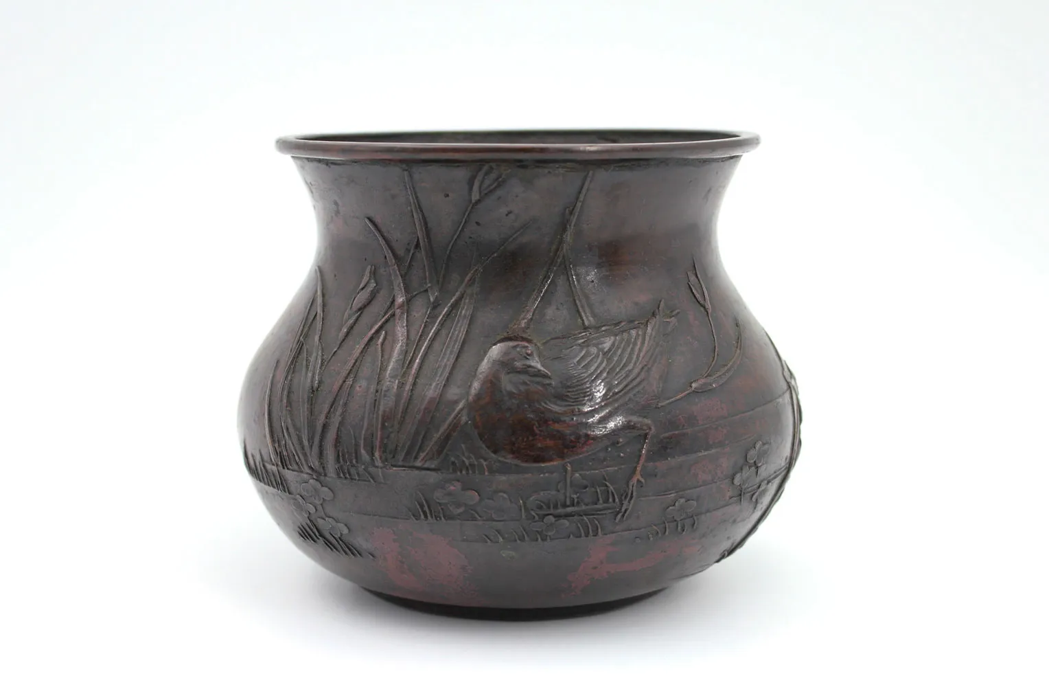 本間琢斎 斑紫銅 蟹摘蓋 水禽文 建水